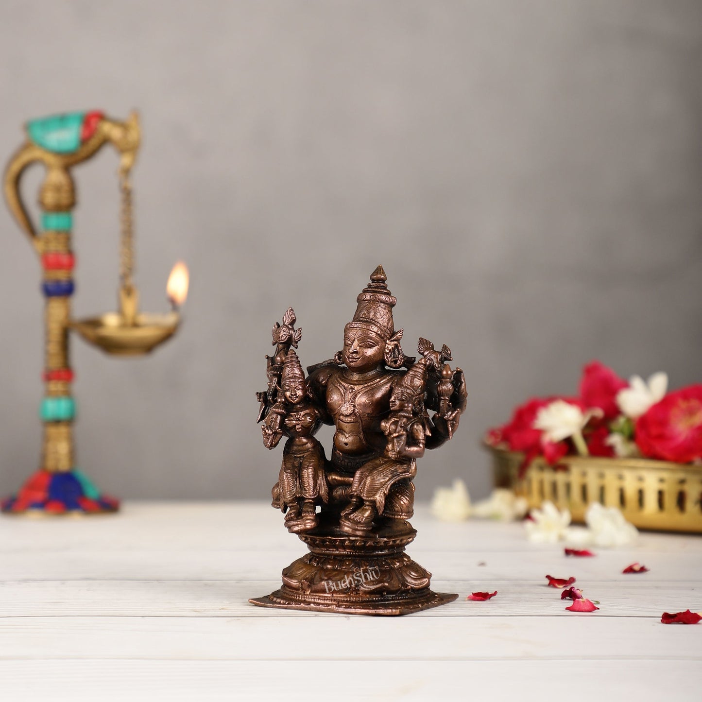 Pure Copper Lord Vishnu with Bhudevi and Sridevi Idol | Height 5 inch