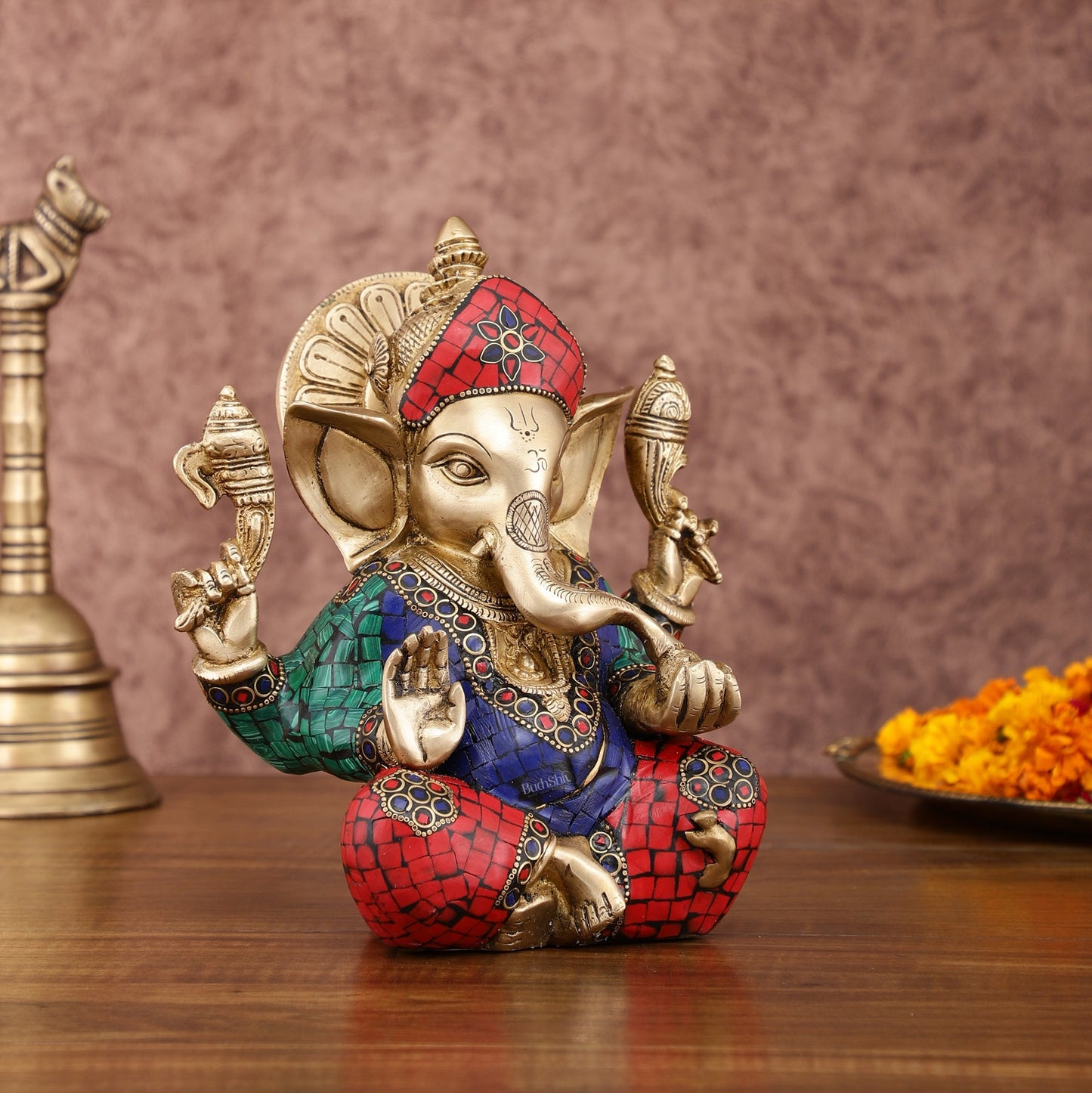 Sharp Featured Brass Ganesha Statue | 8 Inches | Exquisite Stonework