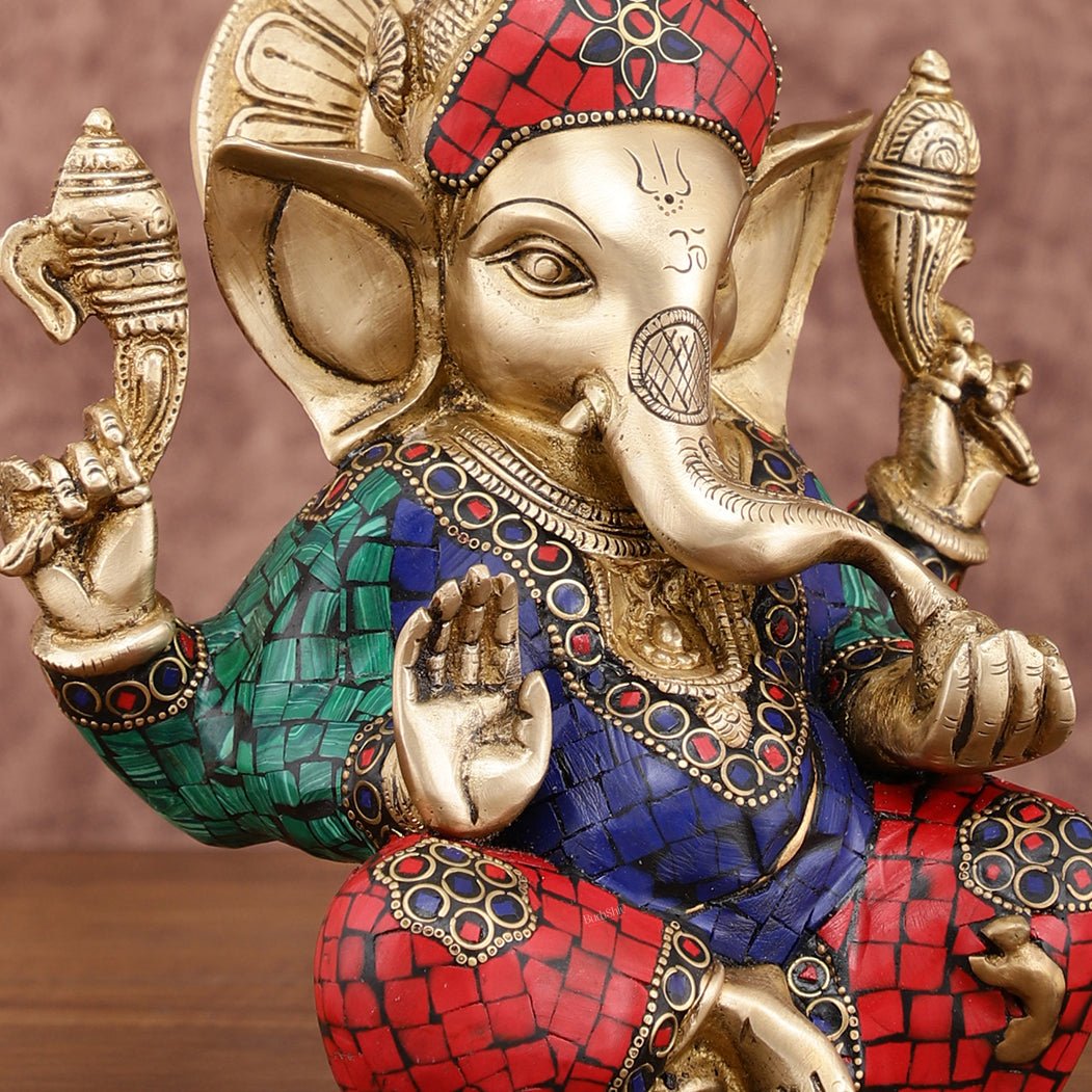Sharp Featured Brass Ganesha Statue | 8 Inches | Exquisite Stonework