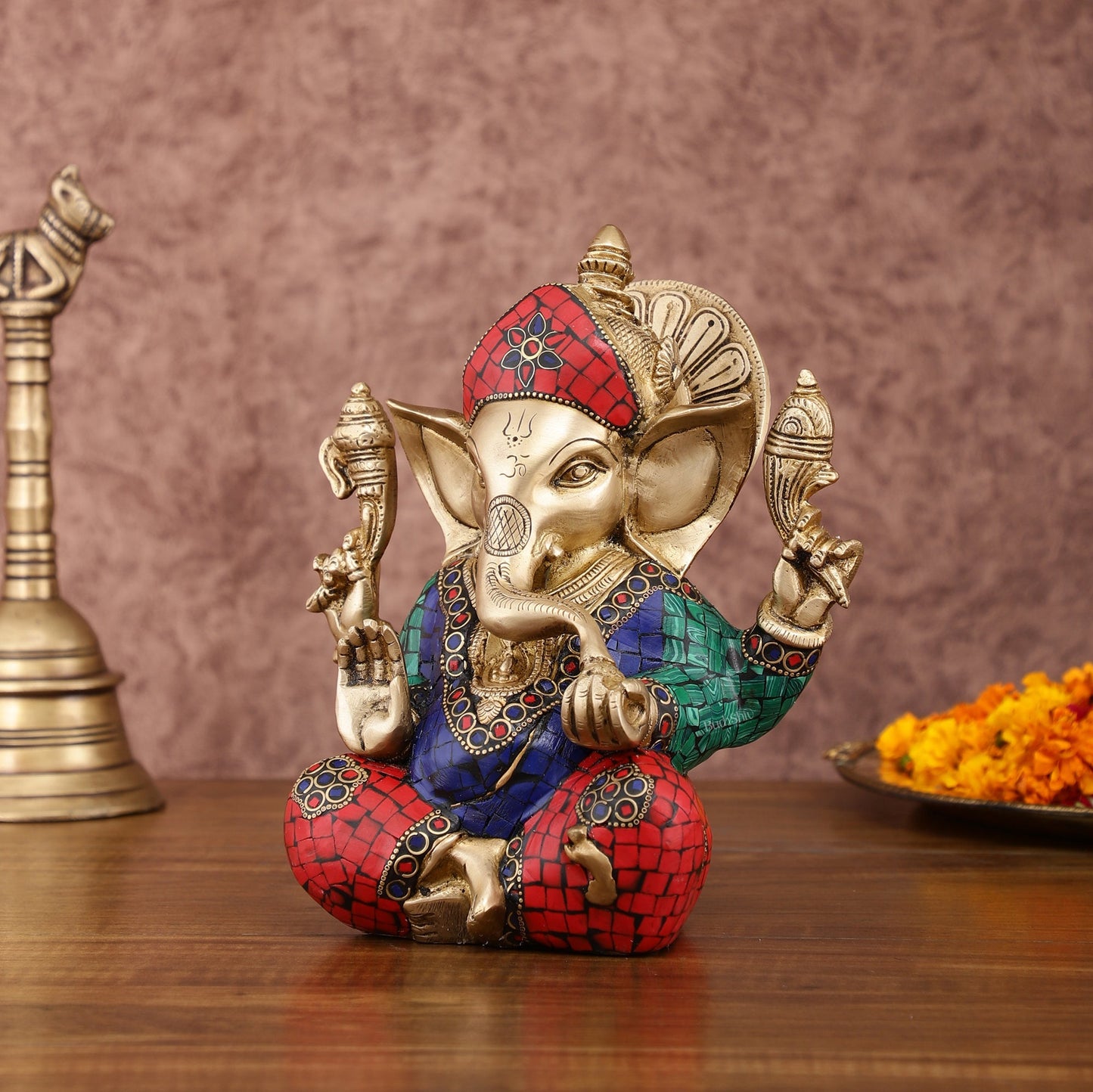 Sharp Featured Brass Ganesha Statue | 8 Inches | Exquisite Stonework