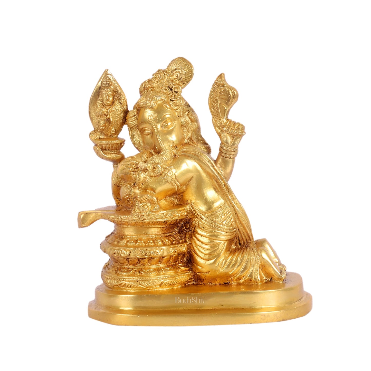 Unique Brass Ganapati Statue - Ganesha Hugging Shiva Lingam - 6.5 inches