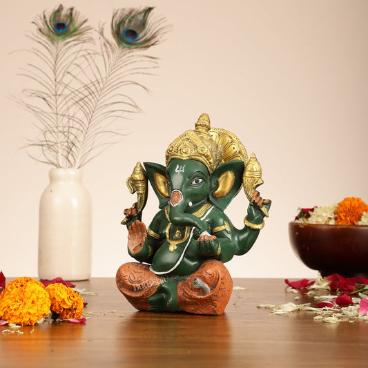 Brass Taj Ganesha Idol hand painted 8 Inch